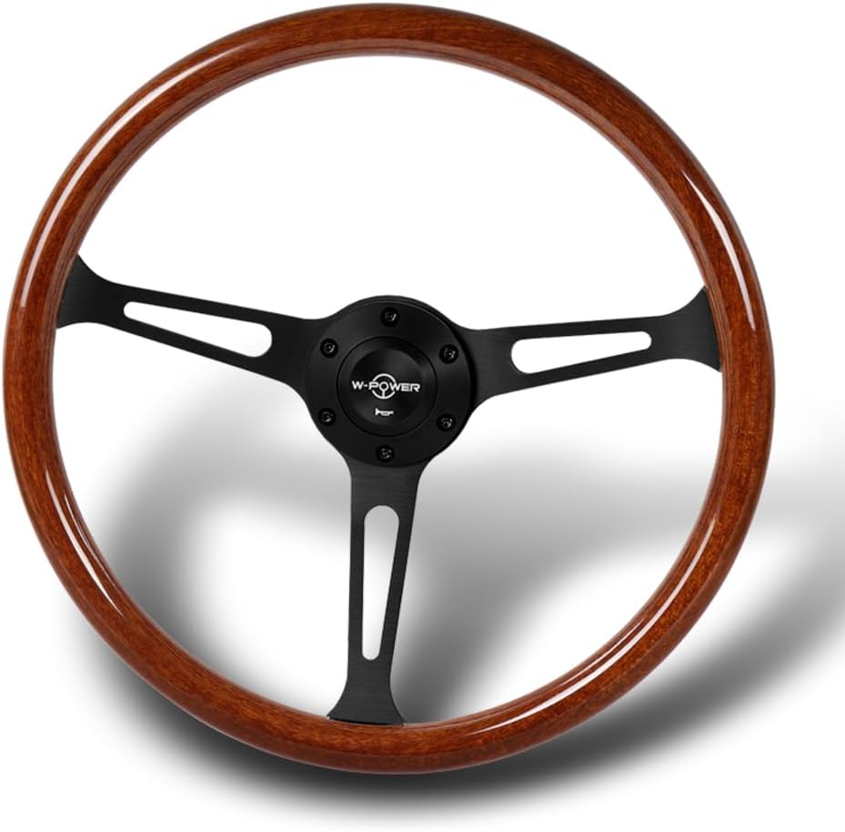 W-Power, 15' Reinforced 380mm 6 Bolt Hole Aluminum Finised Brown Wood Grain Trim Steering Wheel, Black Horn Button JDM Euro VIP Style, 3' Deep (Brown Wood Grain/Matt Black Spoke)