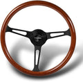 W-Power, 15' Reinforced 380mm 6 Bolt Hole Aluminum Finised Brown Wood Grain Trim Steering Wheel, Black Horn Button JDM Euro VIP Style, 3' Deep (Brown Wood Grain/Matt Black Spoke)