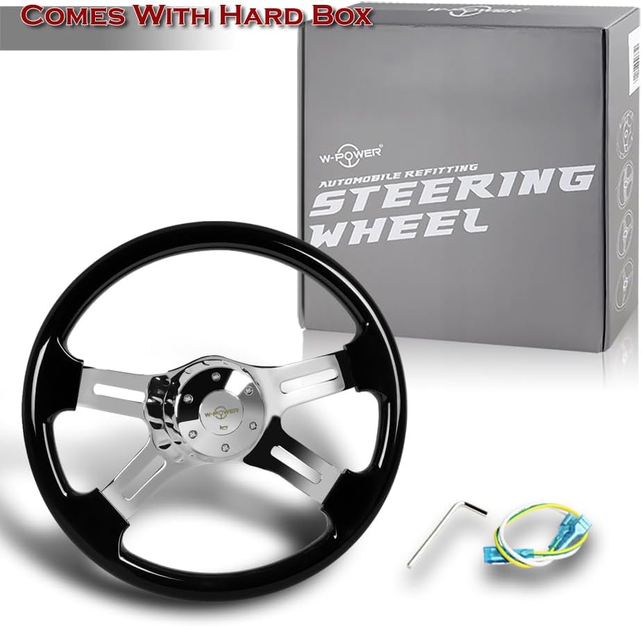 W-Power, 16' Universal 406mm 5 Bolt Hole 2 Inches Deep with Aluminum Polished Vintage Style Wood Grip Steering Wheel, Chrome Horn Button (Black Wood Grip/Chrome Spokes)
