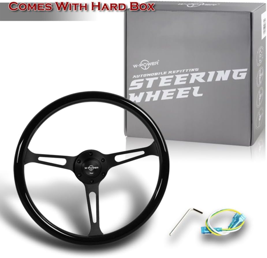 W-Power, 15' Reinforced 380mm 6 Bolt Hole Aluminum Finised Black Wood Grain Trim Steering Wheel, Black Horn Button JDM Euro VIP Style, 3' Deep (Black Wood Grain/Matt Black Spoke)