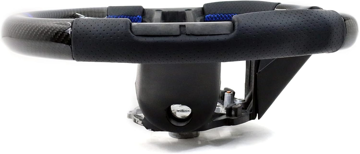 IKON MOTORSPORTS, Steering Wheel Compatible with 2010-2014 Ford Mustang, Steering Wheel Bodykit Replacement Carbon Fiber & Leather Blue Stitch & Indicator, 2011 2012 2013