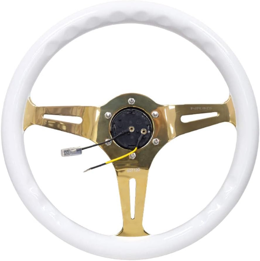 NRG Innovations NRG-ST-015CG-WT Steering Wheel - 350mm 25mm Deep Configuration 3 Chrome Gold Spokes Classic White Wood Grain Wheel/White Grip