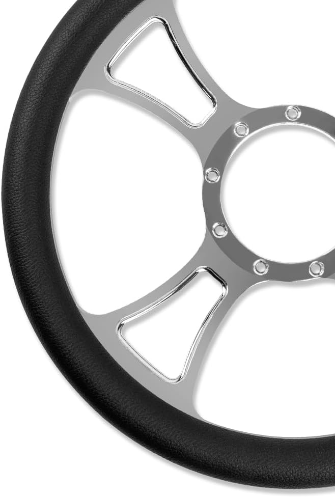 Chrome 14' Billet Aluminum 9 Holes Steering Wheel Trinity Style with Black Leather Half Wrap & Smooth Horn Button & Adapter