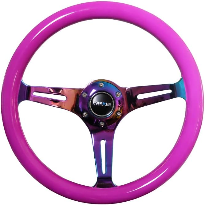 NRG Innovations NRG-ST-015MC-NPP Classic Wood Grain Steering Wheel, 350mm 3 Neochrome Spokes-Neon Purple Color
