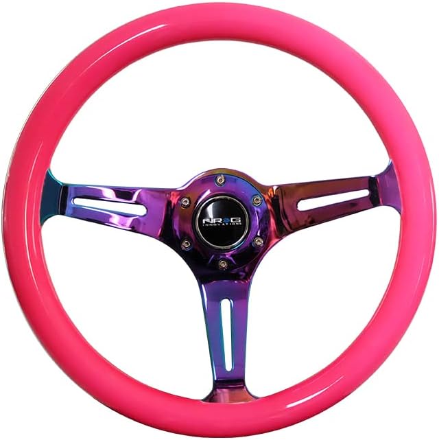NRG Innovations NRG-ST-015MC-NPK Classic Wood Grain Steering Wheel, 350mm 3 Neochrome Spokes-Neon Pink Color