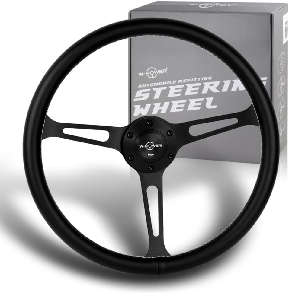 W-Power, 15' Reinforced 380mm 6 Bolt Hole Aluminum Finised Black Wood Grain Trim Steering Wheel, Black Horn Button JDM Euro VIP Style, 3' Deep (Black Leather/Matt Black Spoke)
