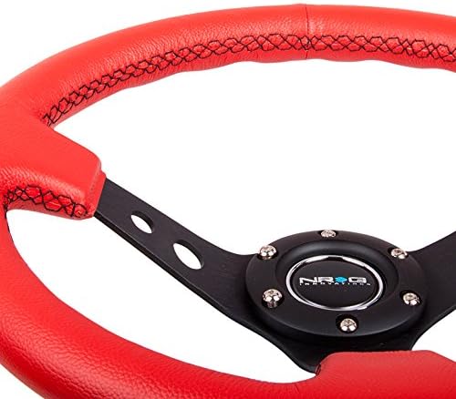 NRG Innovations NRG-RST-006RR-BS Reinforced Steering Wheel - 350mm Sport Steering Wheel (3' Deep) - Black Spoke with Round holes, Red Leather, Black Stitch