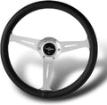 W-Power, 14' Universal 350mm 6 Bolt Hole Aluminum Polished 'Galaxy' Wood Grain Trim Steering Wheel, 3-Spoke, Black Horn Button JDM VIP Style (Black Leather Grip - Silver Center)