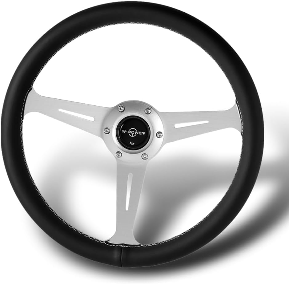 W-Power, 14' Universal 350mm 6 Bolt Hole Aluminum Polished 'Galaxy' Wood Grain Trim Steering Wheel, 3-Spoke, Black Horn Button JDM VIP Style (Black Leather Grip - Silver Center)