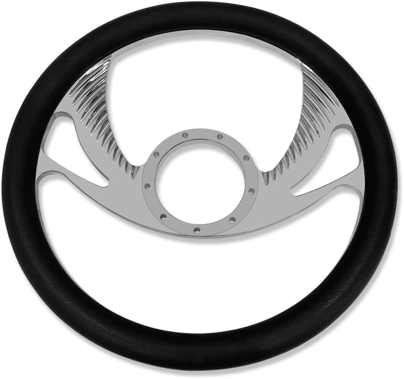 Chrome 14' Billet Aluminum 9 Holes Steering Wheel Wings Style with Black Leather Half Wrap & Smooth Horn Button & Adapter