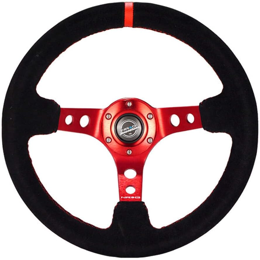 NRG Innovations NRG-RST-006S-RD Reinforced Steering Wheel - 350mm Sport Steering Wheel (3' Deep) - Red Spoke with Round Holes, Black Leather, Red Stitching/Center Mark