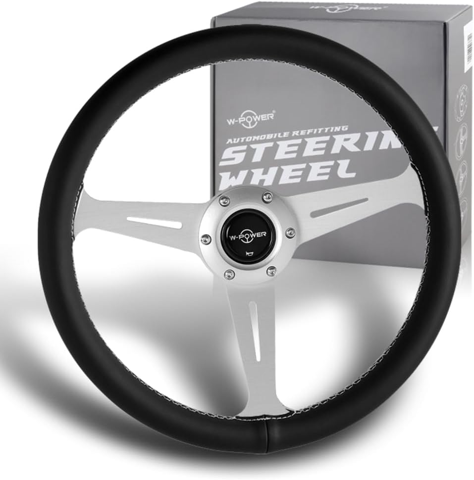 W-Power, 14' Universal 350mm 6 Bolt Hole Aluminum Polished Classic Black Leather Trim Steering Wheel, Black Horn Button JDM Euro VIP Style, 3-Spoke (Black Leather Grip - Silver Center)