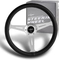 W-Power, 14' Universal 350mm 6 Bolt Hole Aluminum Polished Classic Black Leather Trim Steering Wheel, Black Horn Button JDM Euro VIP Style, 3-Spoke (Black Leather Grip - Silver Center)