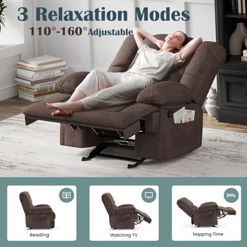 Oversized Rocker Recliner Chair, Wide Manual Recliner with Adjustable Backrest & Footrest, Comfortable Rocking Reclining Sofa for Living Room & Bedroom, Chocolate