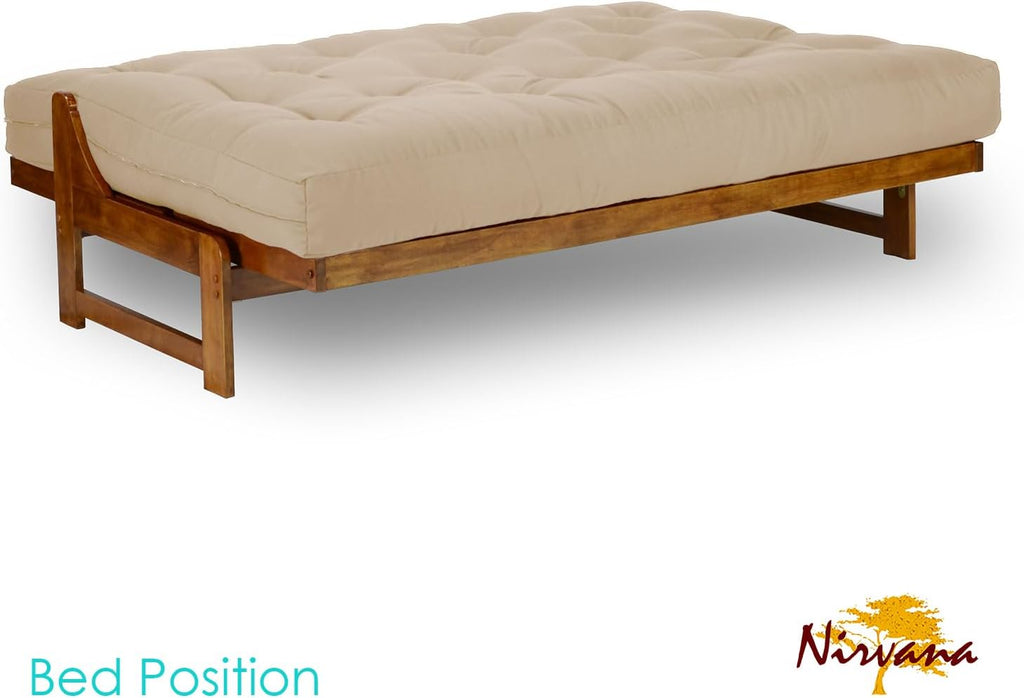 Nirvana Futons Arden Futon Set - Full Size Futon Frame with Mattress Included (8 Inch Thick Mattress, Twill Khaki Color), Heavy Duty Wood, Popular Sofa Bed Choice
