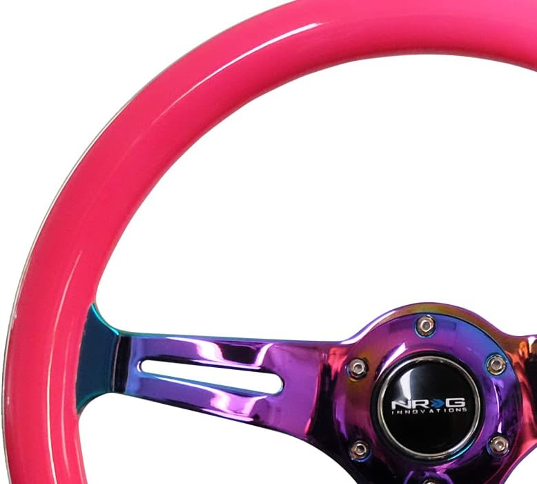 NRG Innovations NRG-ST-015MC-NPK Classic Wood Grain Steering Wheel, 350mm 3 Neochrome Spokes-Neon Pink Color