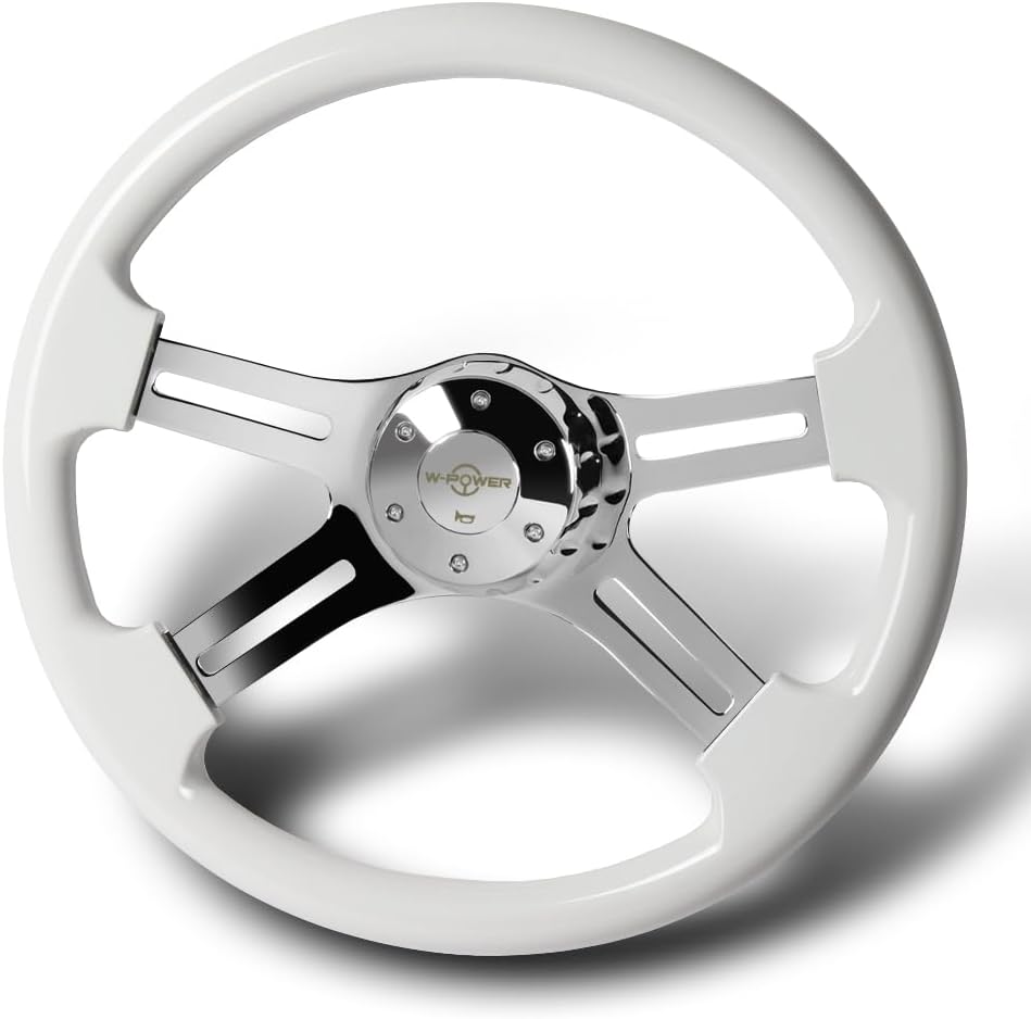 W-Power, 18' Universal 457mm 5 Bolt Hole 2 Inches Deep with Aluminum Polished Vintage Style Wood Grip Steering Wheel, Chrome Horn Button, 4 Spoke (White Wood Grip/Chrome Spoke)