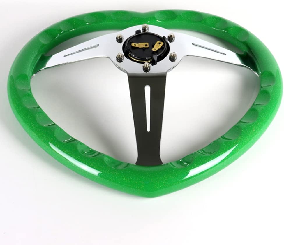 W-Power,13.5' Universal 343mm 6 Bolt Hole 3-Inche Deep Dish Aluminum Polished Heart-Shaped with Wood Grip Steering Wheel, Black Horn Button JDM Euro VIP Style, 3-Spoke (Green)