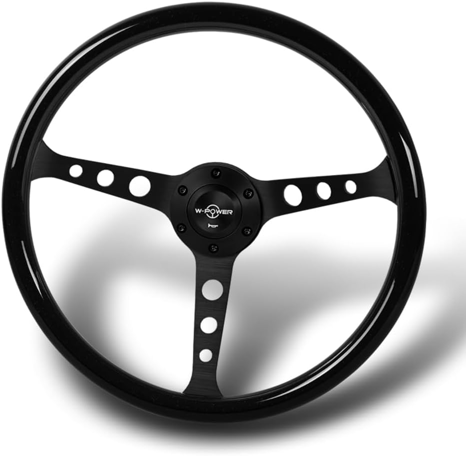 W-Power 15' Reinforced 380mm 6 Bolt Hole Aluminum Finished Wood Grain Trim Steering Wheel, Black Horn Button JDM Euro VIP Style, 3' Deep (Wood Grain/Matt Black Spoke)