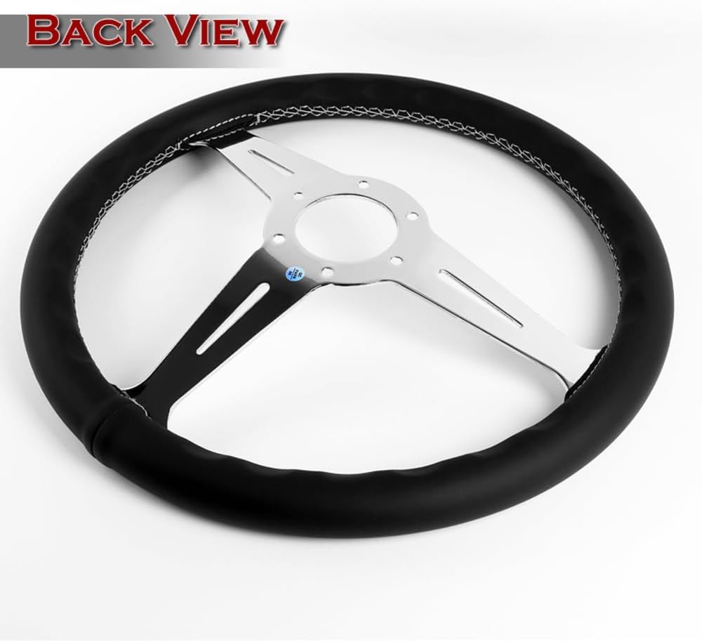 W-Power, 14' Universal 350mm 6 Bolt Hole Aluminum Polished 'Galaxy' Wood Grain Trim Steering Wheel, 3-Spoke, Black Horn Button JDM VIP Style (Black Leather Grip - Chrome Center)