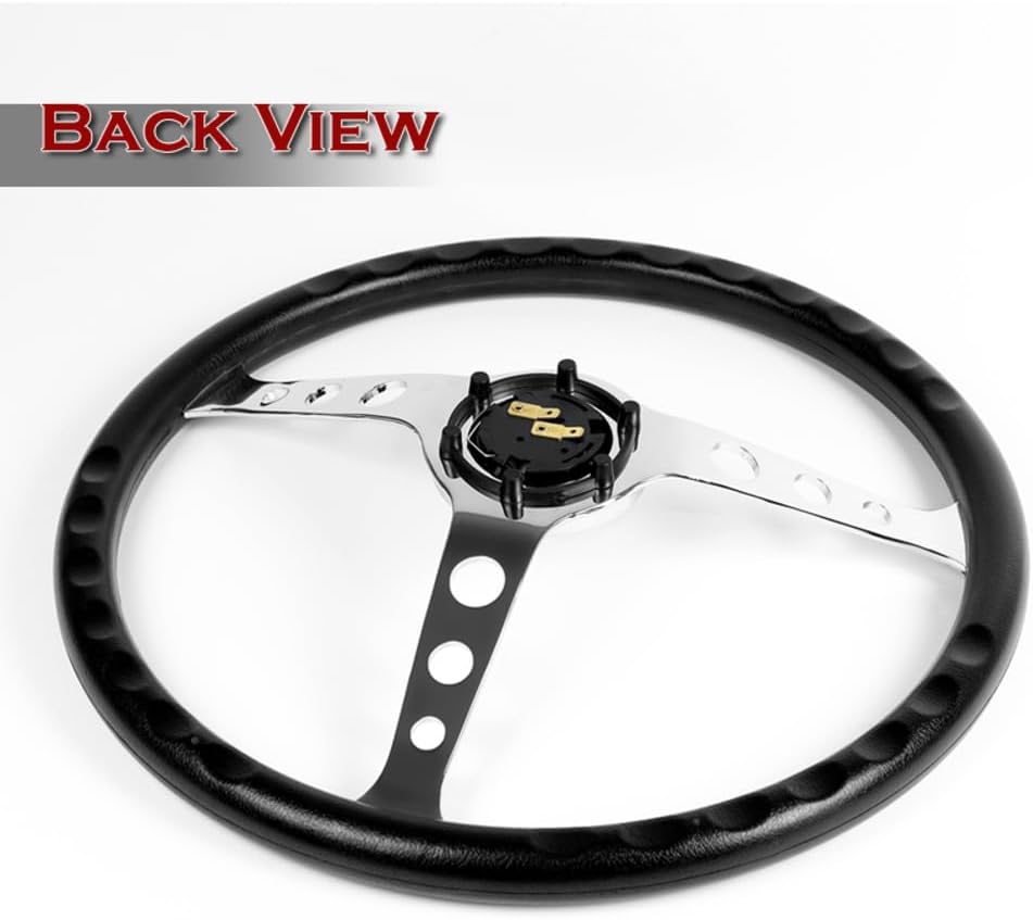 W-Power, 15' Reinforced 380mm 6 Bolt Hole Aluminum Finised Black Vinyl Wrap Trim Steering Wheel, Chrome Horn Button JDM Euro VIP Style, 3' Deep (Black Vinyl Wrap/Chrome Spoke)
