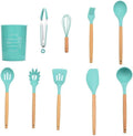 Silicone Cooking Tools Kitchen Utensils Set Accessories with Storage Box Tong Spatula with Wood Handle Cookware Kitchen Gadgets Tools Set (Color : Green 10PCS A) (Mint Green 10pcs a)