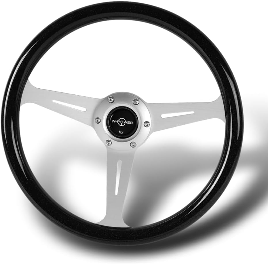 W-Power, 14' Universal 350mm 6 Bolt Hole Aluminum Polished 'Galaxy' Wood Grain Trim Steering Wheel, 3-Spoke, Black Horn Button JDM VIP Style (Black Sparkled Wood Grip - Silver Center)