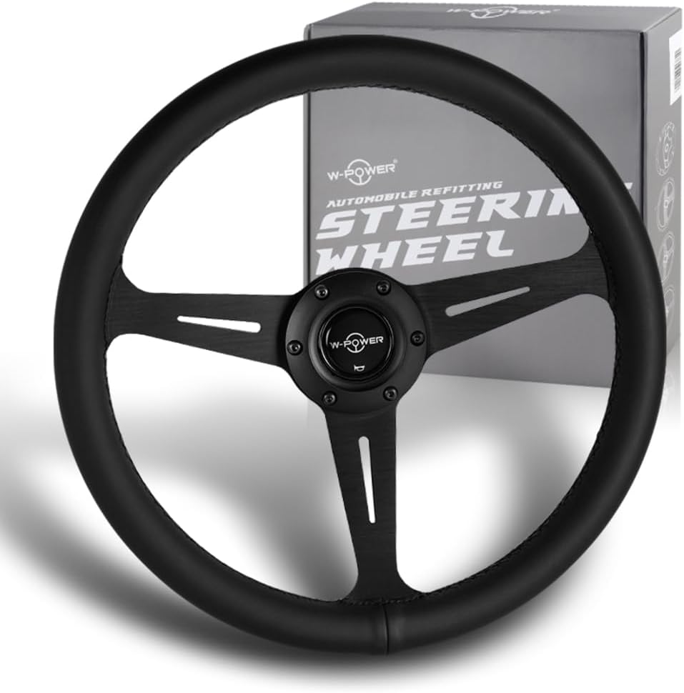W-Power, 14' Universal 350mm 6 Bolt Hole Aluminum Polished 'Galaxy' Wood Grain Trim Steering Wheel, 3-Spoke, Black Horn Button JDM VIP Style (Black Leather Grip - Black Center)