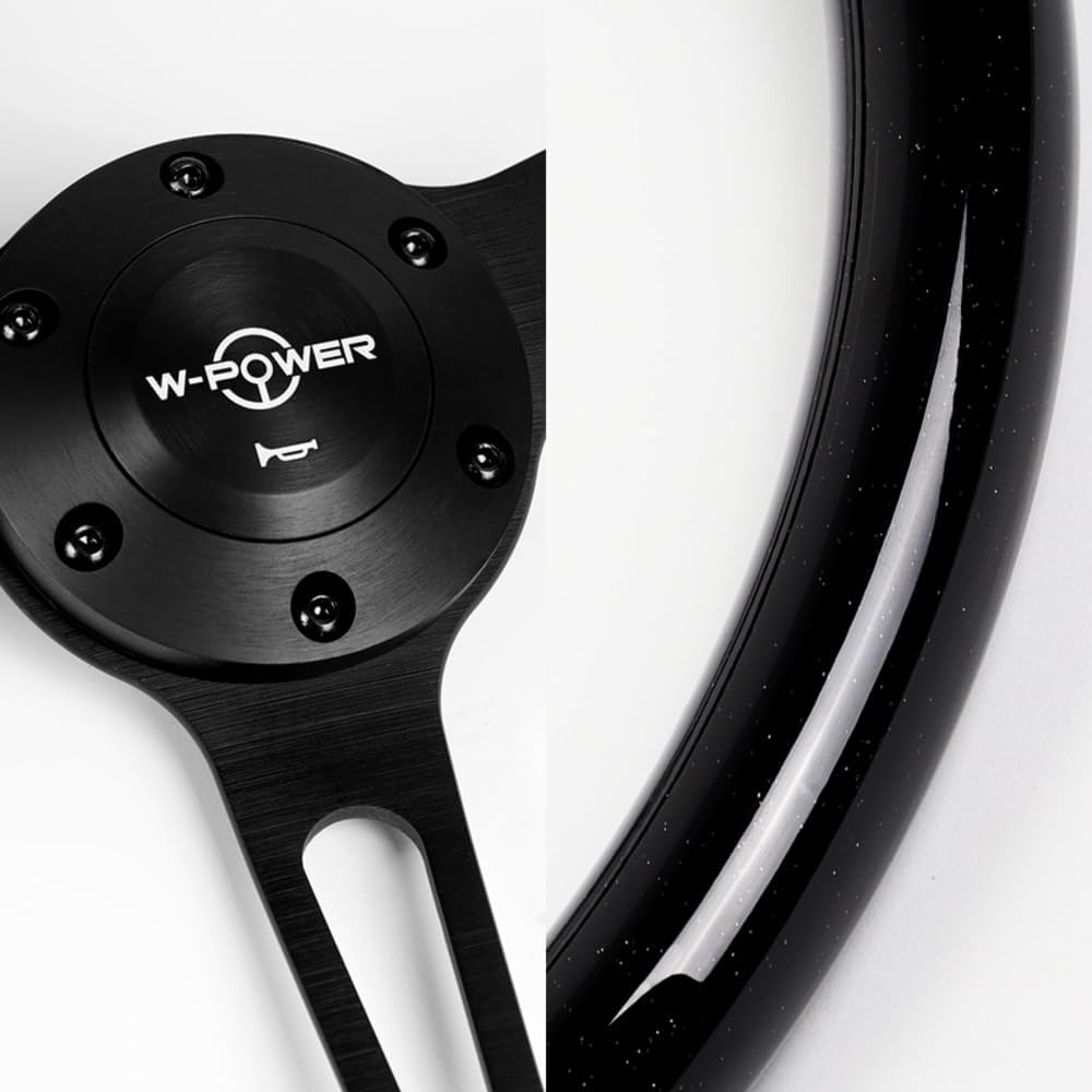 W-Power, 15' Reinforced 380mm 6 Bolt Hole Aluminum Finised Black Wood Grain Trim Steering Wheel, Black Horn Button JDM Euro VIP Style, 3' Deep (Black Wood Grain/Matt Black Spoke)