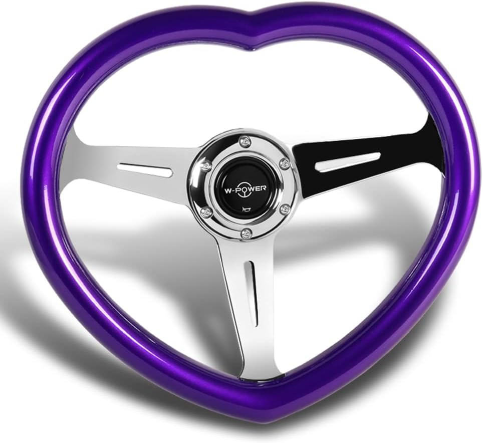 W-Power,13.5' Universal 343mm 6 Bolt Hole 3-Inche Deep Dish Aluminum Polished Heart-Shaped with Wood Grip Steering Wheel, Black Horn Button JDM Euro VIP Style, 3-Spoke (Purple)