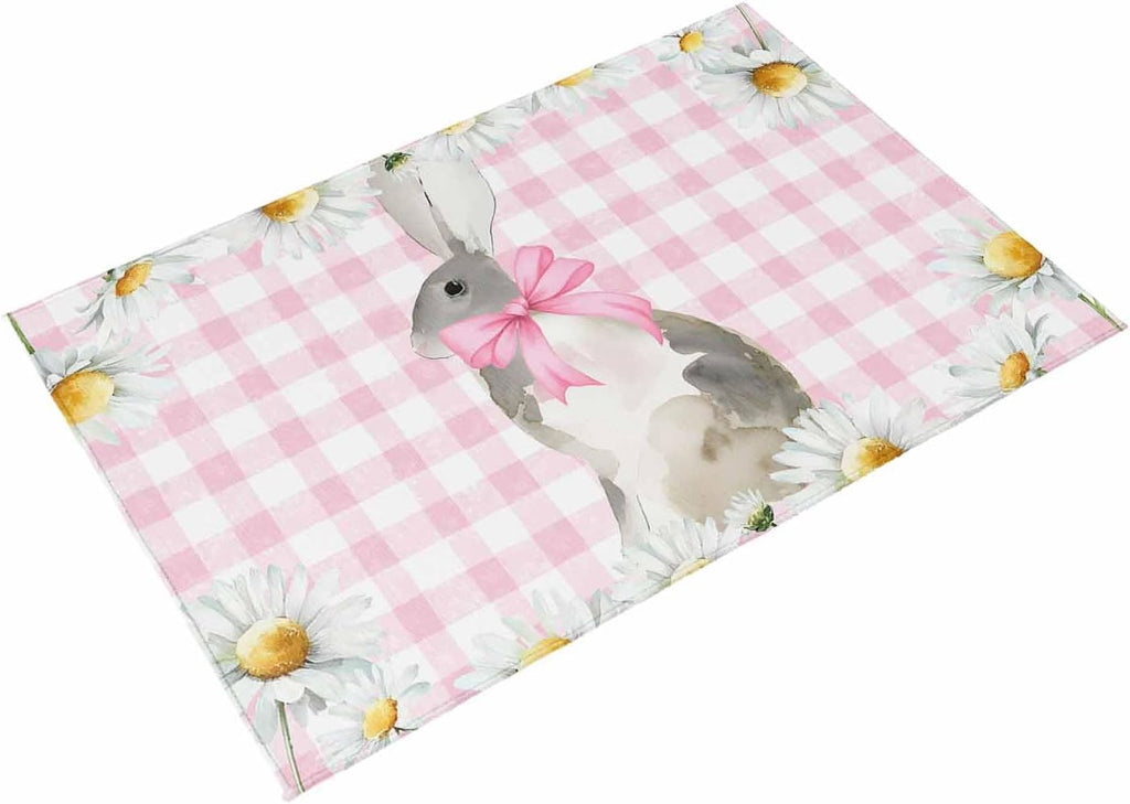 Blue Easter Bunny Outdoor Rug for Patio/Deck/Porch, Non-Slip Large Area Rug 5 x 7 Ft, Spring Daisy Modern Pink Buffalo Plaid Indoor Outdoor Rugs Washable Area Rugs, Camping Rug Carpet Runner