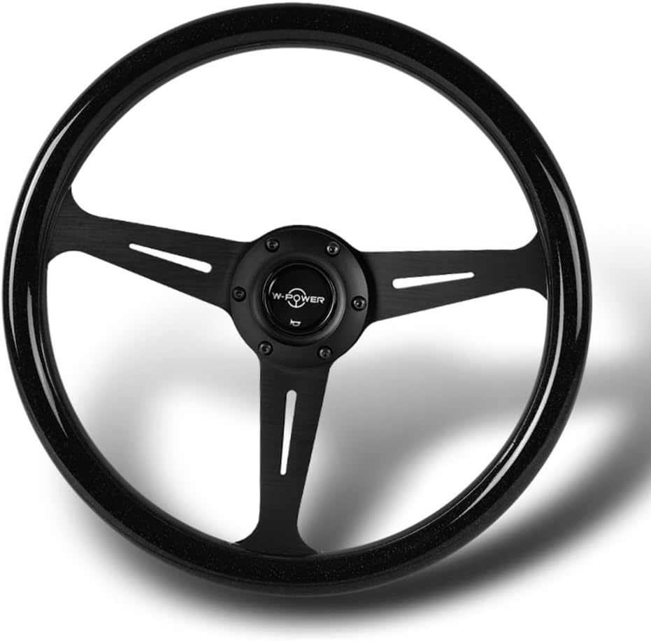 W-Power, 14' Universal 350mm 6 Bolt Hole Aluminum Polished 'Galaxy' Wood Grain Trim Steering Wheel, 3-Spoke, Black Horn Button JDM VIP Style (Black Sparkled Wood Grip - Black Center)