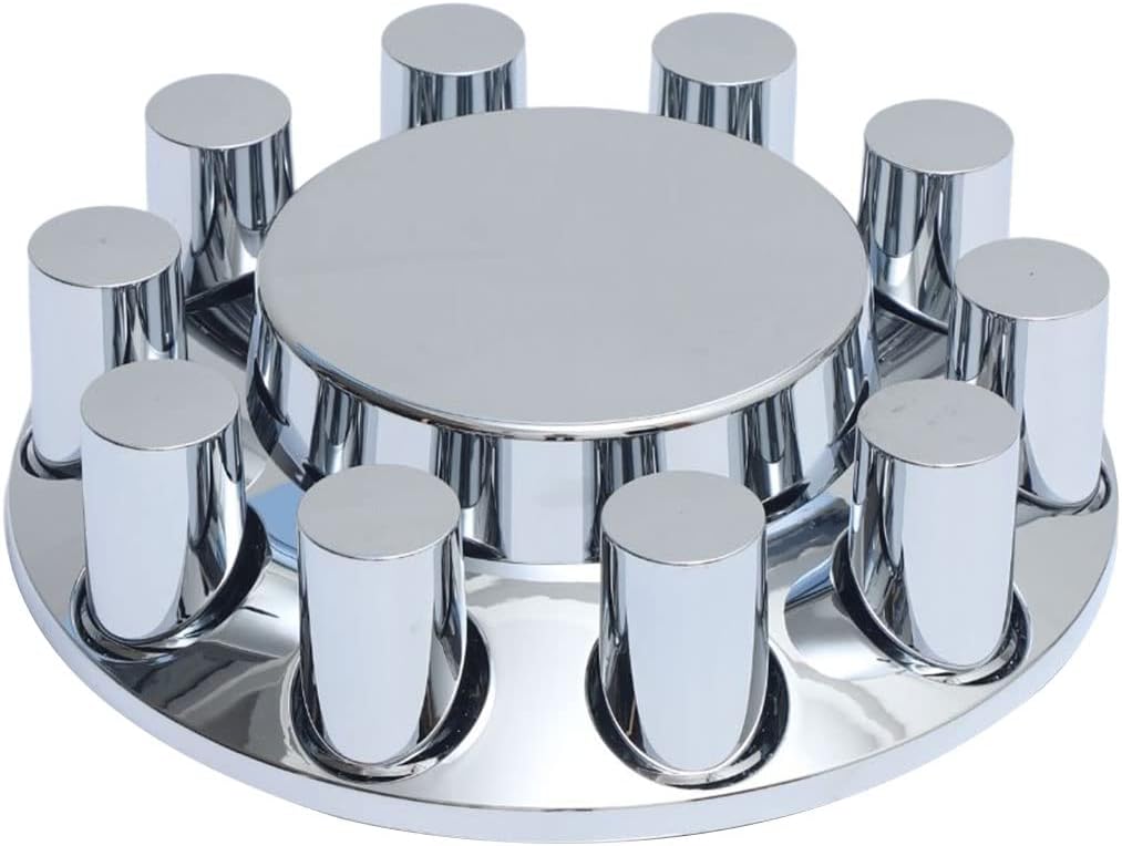 ABS Plastic Chromed Hubcaps Front and Rear Wheel Axle Cover Set with 33mm Thread-On Lug Nut Covers for Semi Trucks (Flat)