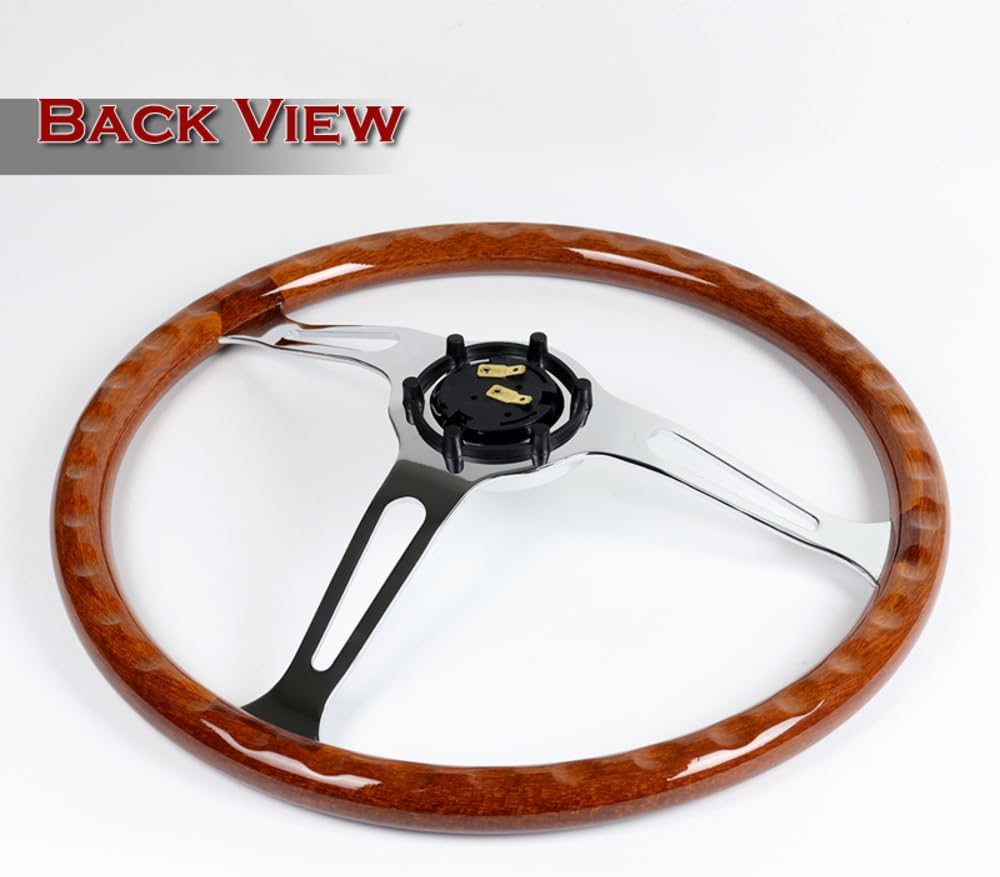 W-Power, 15' Reinforced 380mm 6 Bolt Hole Aluminum Finised Brown Wood Grain Trim Steering Wheel, Chrome Horn Button JDM Euro VIP Style, 3' Deep (Brown Wood Grain/Chrome Spoke)