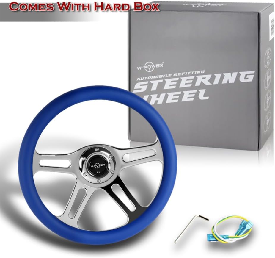 W-Power, 14' Universal 350mm 6 Bolt Hole Vintage Style with Aluminum Polished Special Leather Grip Steering Wheel, Black Horn Button, 4-Spoke (Blue Leather/Chrome Spoke)