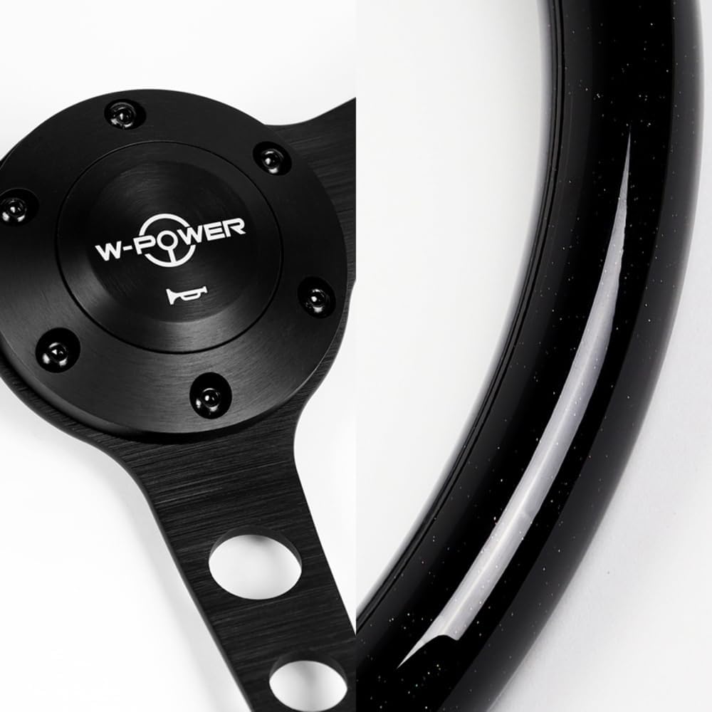 W-Power 15' Reinforced 380mm 6 Bolt Hole Aluminum Finished Wood Grain Trim Steering Wheel, Black Horn Button JDM Euro VIP Style, 3' Deep (Wood Grain/Matt Black Spoke)