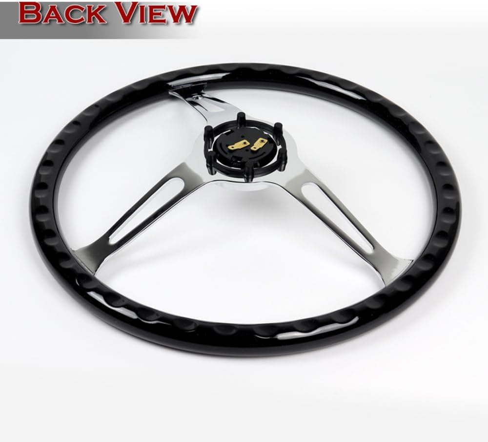 W-Power, 15' Reinforced 380mm 6 Bolt Hole Aluminum Finised Black Wood Grain Trim Steering Wheel, Black Horn Button JDM Euro VIP Style, 3' Deep (Black Wood Grain/Chrome Spoke)