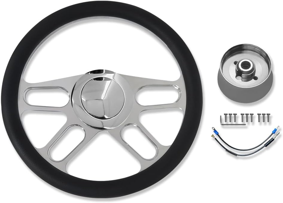Chrome 14' Billet Aluminum 9 Holes Steering Wheel New Age Style with Black Leather Half Wrap & Smooth Horn Button & Adapter