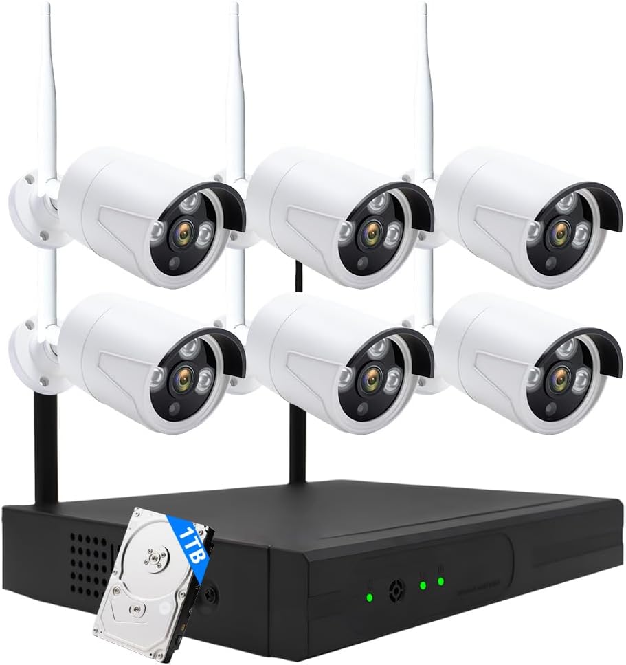 3MP Wireless Security Camera System – 6 Wi-Fi Bullet Cams + 10CH NVR, 15m IR Night Vision, IP66 Weatherproof, H.265, Plug-and-Play Indoor/Outdoor Surveillance, Mobile Alerts, Dual Storage
