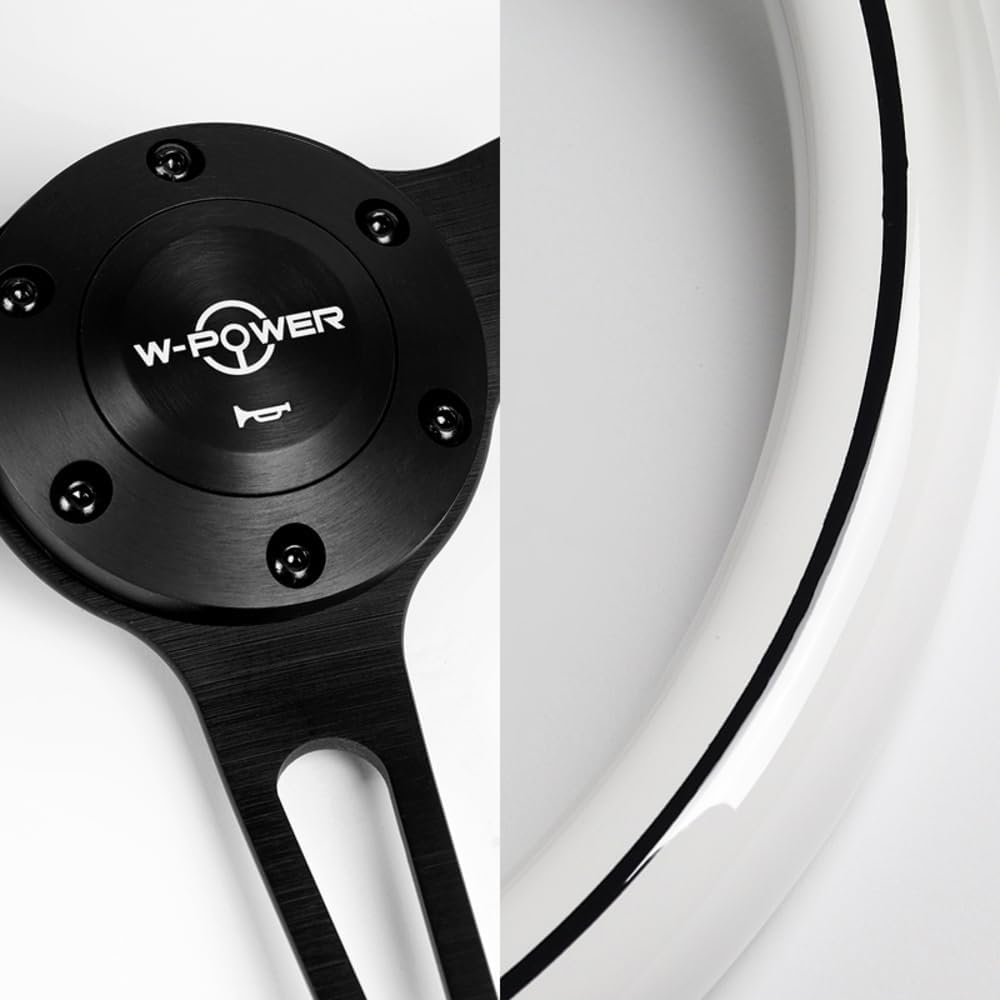 W-Power, 15' Reinforced 380mm 6 Bolt Hole Aluminum Finised White Wood Grain Trim Steering Wheel, Black Horn Button JDM Euro VIP Style, 3' Deep (White Wood Grain/Matt Black Spoke)