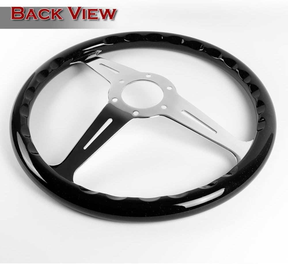 W-Power, 14' Universal 350mm 6 Bolt Hole Aluminum Polished 'Galaxy' Wood Grain Trim Steering Wheel, 3-Spoke, Black Horn Button JDM VIP Style (Black Sparkled Wood Grip - Chrome Center)
