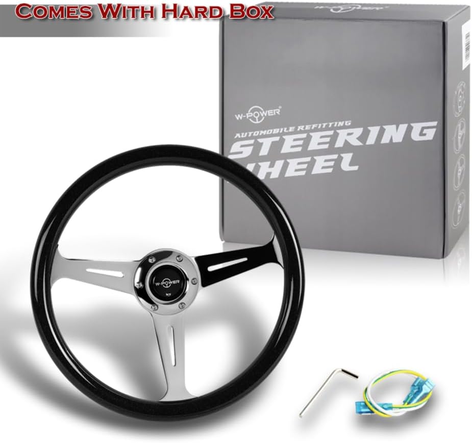 W-Power, 14' Universal 350mm 6 Bolt Hole Aluminum Polished 'Galaxy' Wood Grain Trim Steering Wheel, 3-Spoke, Black Horn Button JDM VIP Style (Black Sparkled Wood Grip - Chrome Center)