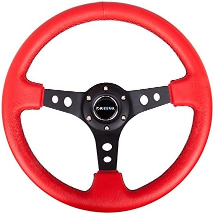 NRG Innovations NRG-RST-006RR-BS Reinforced Steering Wheel - 350mm Sport Steering Wheel (3' Deep) - Black Spoke with Round holes, Red Leather, Black Stitch