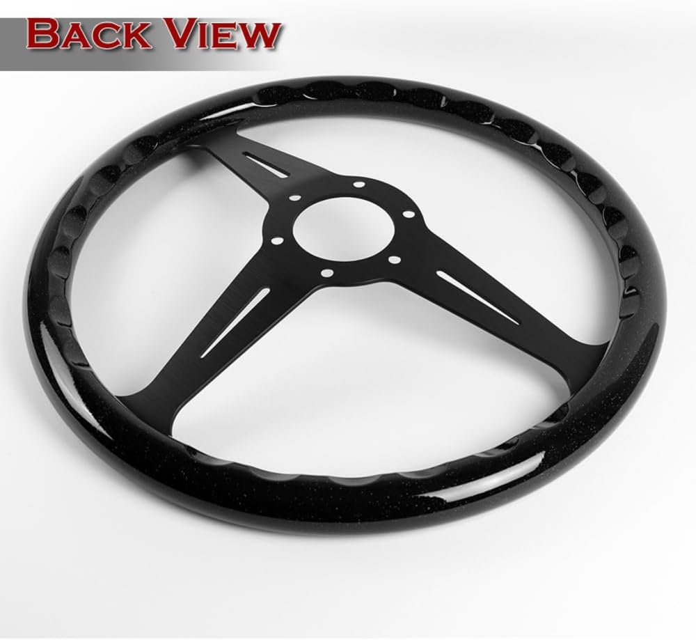 W-Power, 14' Universal 350mm 6 Bolt Hole Aluminum Polished 'Galaxy' Wood Grain Trim Steering Wheel, 3-Spoke, Black Horn Button JDM VIP Style (Black Sparkled Wood Grip - Black Center)