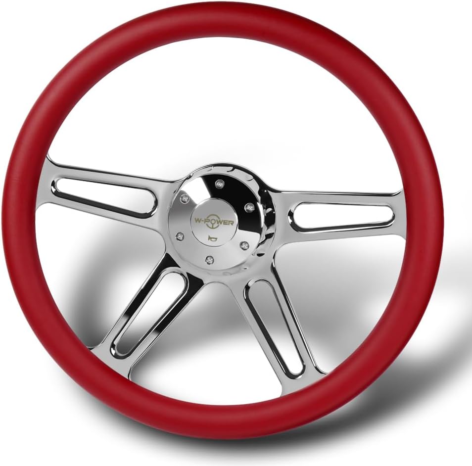 18' Universal 457mm 5 Bolt Hole 2 Inches Deep, Vintage Style Leather Grip Steering Wheel with Hub Adapter Compatible with T04 Kenworth, Peterbilt All Models (Red Leather Grip)