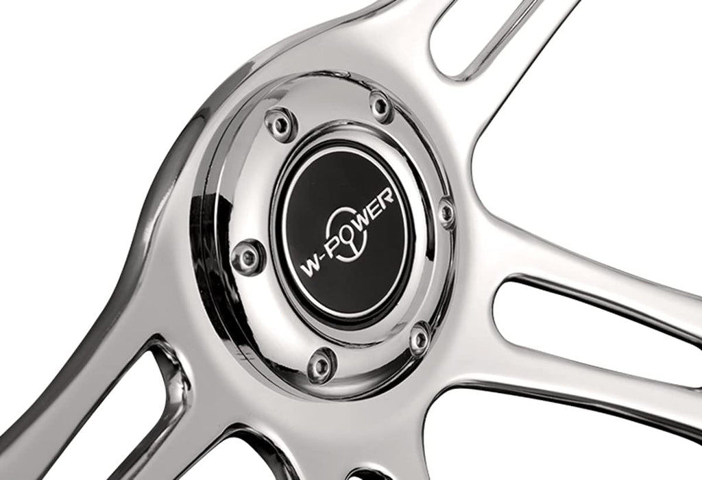 W-Power, 14' Universal 350mm 6 Bolt Hole Vintage Style with Aluminum Polished Dark Wood Grip Steering Wheel, Black Horn Button, Chrome 4-Spoke