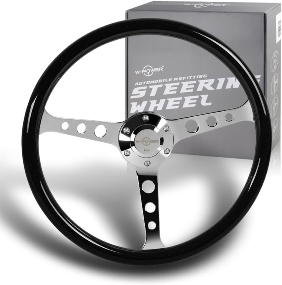 W-Power 15' Reinforced 380mm 6 Bolt Hole Aluminum Finished Wood Grain Trim Steering Wheel, Black Horn Button JDM Euro VIP Style, 3' Deep (Wood Grain/Chrome Spoke)
