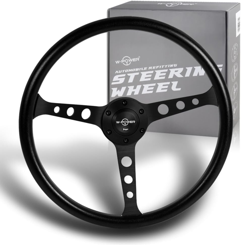 W-Power 15' Reinforced Aluminum Steering Wheel, Black Vinyl Wrap Trim, 380mm 6 Bolt Hole, JDM Euro VIP Style, 3' Deep, Matt Black Spoke, Horn Button (3-SW-8976-BK-G1)