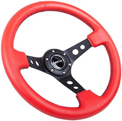 NRG Innovations NRG-RST-006RR-BS Reinforced Steering Wheel - 350mm Sport Steering Wheel (3' Deep) - Black Spoke with Round holes, Red Leather, Black Stitch