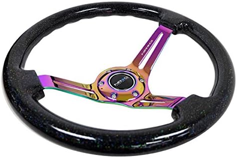 NRG Innovations NRG-RST-018BSB-MC Reinforced Classic Wood Grain Steering Wheel, 350mm, 75mm Deep, 3 Spoke Slotted Center Neochrome With Black Multi Color Flake Wood Double Riveted Spokes